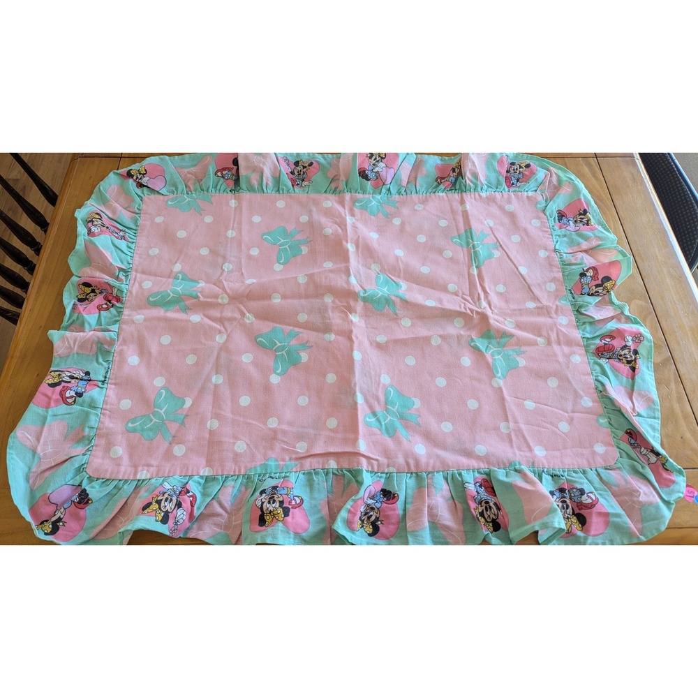 Vintage Disney Minnie Mouse Ruffled Pillow Sham Pink Teal Polka Dot Bows 90s